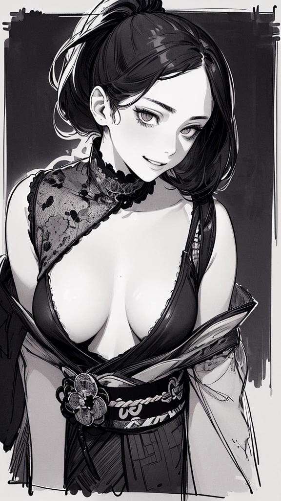 Best quality, (background detail), high contrast, very beautiful woman, detailed original illustration, functional, samurai, kimono, black hair, ponytail delicate face, charm, bad girl, sexy, real breasts, crazy smile, crazy eyes, black background, (black background: 1. 5), beautiful line drawing, monochrome