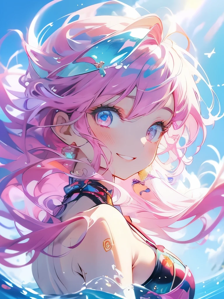 Beautiful illustration、top-quality、girl with、Pink hair、length hair、The bikini、A slight smil、((dynamic ungle))、(((Delicat eyes)))、beautiful ocean、Swim with colorful tropical fish、Upper Body