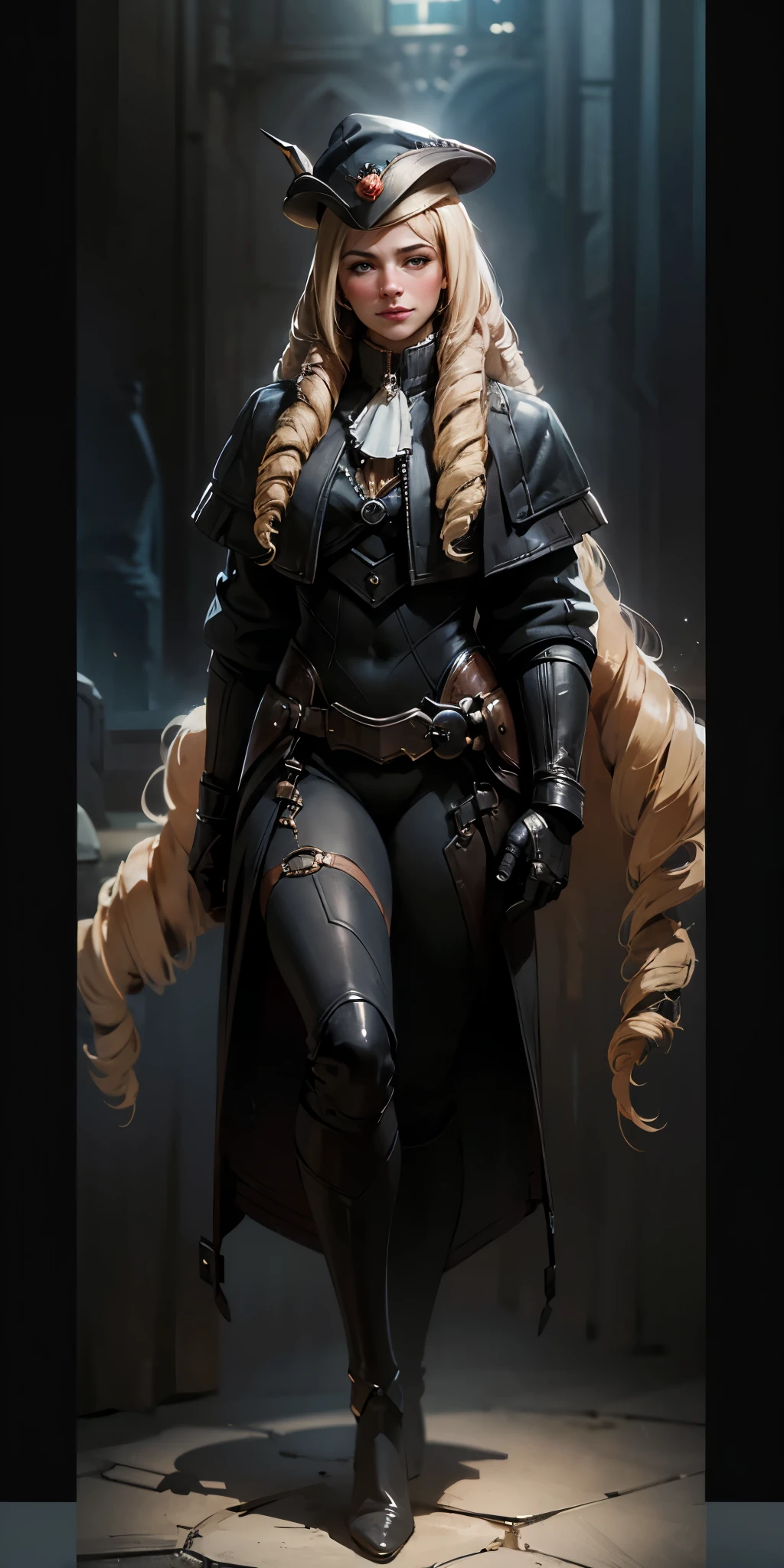 (4k, ultra high resolution, Prominence in Masterpiece, High Quality, Best Quality: 1.2) full body, 1 female, solo, 1girl, 1woman, lustful smirking smile blush, looking at viewer, sitting, blonde hair, long hair, (black jacket), beautiful and detailed face, detailed eyes, looking at the viewer (grey theme) close jacket (aesthetic clothing) hands on hips, wide hips, blonde long hair, blonde drill hair, blonde twin drills hair, blue wizard hat, Handcuffs on their hands, With a collar around the neck