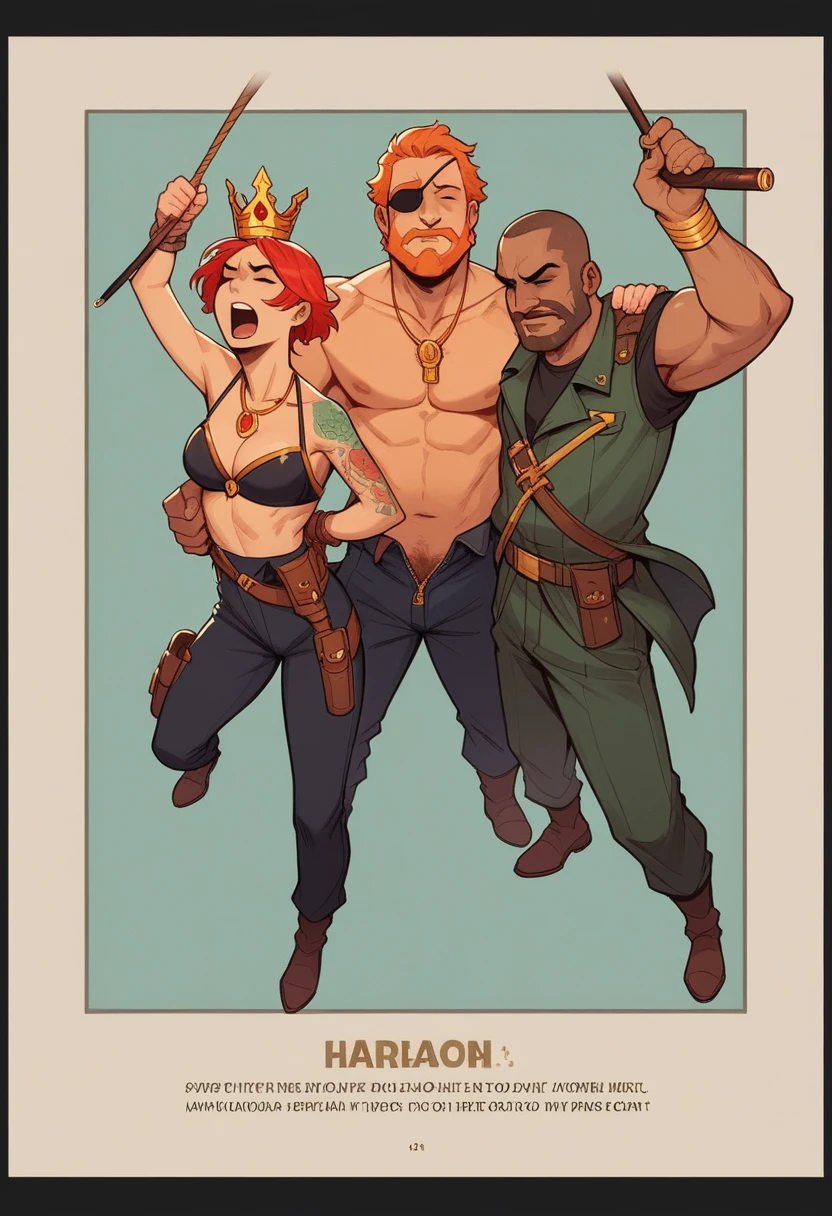 A slim sexy superheroine wearing a golden crown and with long fluttering flaming red hair, holding her arms above her head wrists tied together to rope from above. She is wearing a full length tight unzipped top green scaly suit, golden knife holsters strapped to her thighs, a gold pendant hanging down her neck and gold wristguards.
A bearded man with a tattoo on his neck wearing a black mervenaryjacket, showing a black eye patch smoking a cigar clutching her bra from behind with one of his tattooed hands and the other hand searching between her thighs from behind. Her legs are spread wide, head is leaning back facing one side, grimacing, eyes are closed and mouth wide open screaming in pain.
A multitude of men surrounding them holding assault rifles staring and laughing at her plight. The scene is positioned against a backdrop of a dark seashore with Atlantis in the background., dark fantasy, poster, cinematic, photo
