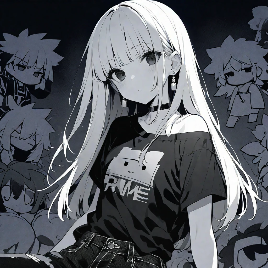 solo, handsome, monochrome,CHIBI。
1. Female,
Hime cut,Straight Hair,long Hair,
black hair,
Nakano Yotsuba,
BLACK Eyes,Soft look,beautiful,beautiful,Sexy,Darkness,Lots of silver earrings,choker,
black Off Shoulder, black shirt, Short sleeve ,Distressed jeans,
skin,
BLACK background,