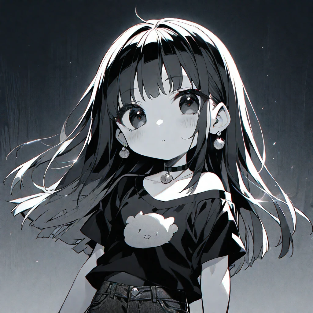 solo, handsome, monochrome,CHIBI。
1. Female,
Hime cut,Straight Hair,long Hair, 
black hair, 
Nakano Yotsuba,
BLACK Eyes,Soft look,beautiful,beautiful,Sexy,Darkness,Lots of silver earrings,choker,
black Off Shoulder, black shirt, Short sleeve ,Distressed jeans,
skin,
BLACK  background,