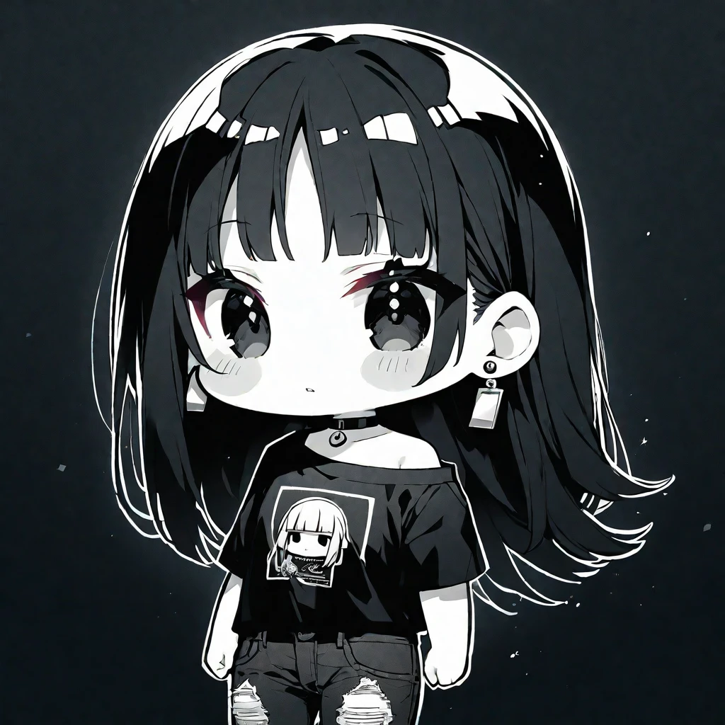 solo, handsome, monochrome,CHIBI。
1. Female,
Hime cut,Straight Hair,long Hair,
black hair,
Nakano Yotsuba,
BLACK Eyes,Soft look,beautiful,beautiful,Sexy,Darkness,Lots of silver earrings,choker,
black Off Shoulder, black shirt, Short sleeve ,Distressed jeans,
skin,
BLACK background,