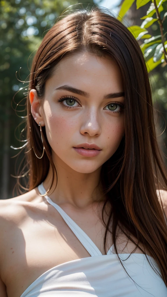 20 year old girl, perfect face, sexy face looking at camera, perfect mouth, stopped up nose, green eyes, arched eyebrows, Hair with waves, film agency, hyper detailed, realistic image, 8k