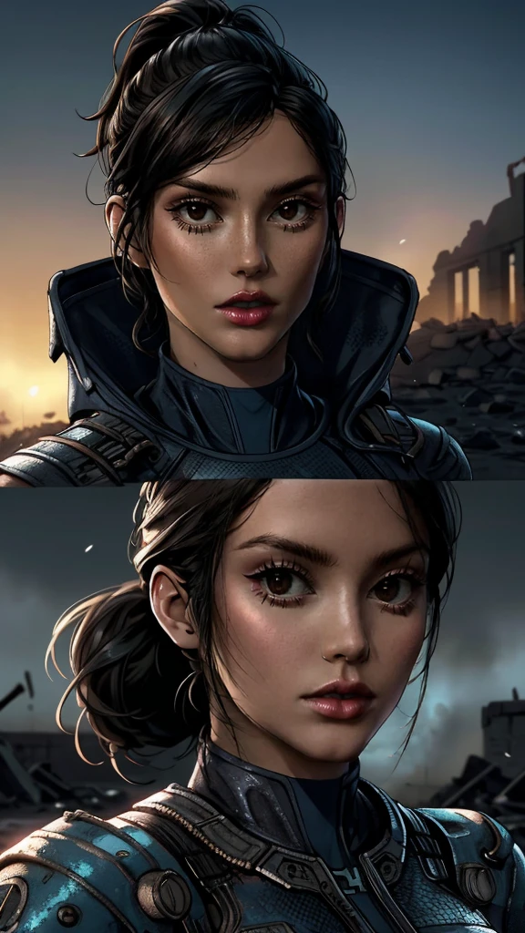 a high resolution, ultra-detailed, photorealistic portrait of a beautiful, nerdy girl with short black curly hair tied in a ponytail, wearing a blue Vault suit from Fallout 4 with lots of details and slits, in a nuclear wasteland background with scattered ruins, masterpiece, 8k, hdr, shallow depth of field, broad lighting, high contrast, backlit, sharp focus, raw color photo, looking at the camera, cold colors, dynamic poses, in the style of Fallout 4, detailed facial features, blue eyes, beautiful face, pretty eyes, iris lining, thin lips, slim, pale and sharp eyebrows, long dark eyelashes, double eyelashes, inspired by Ella Purnell