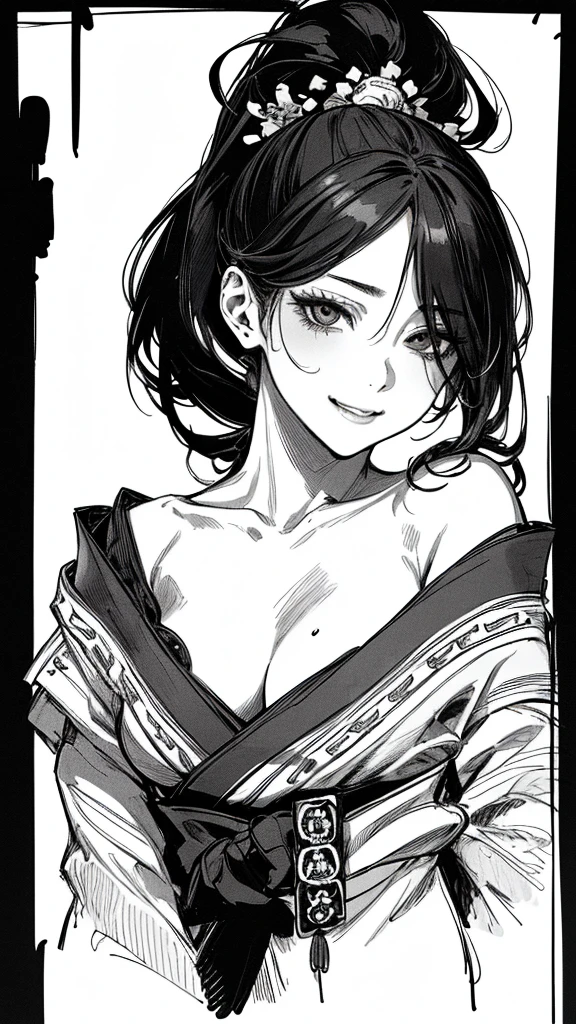 Best quality, (background detail), high contrast, very beautiful woman, detailed original illustration, functional, samurai, kimono, black hair, ponytail delicate face, charm, bad girl, sexy, real breasts, crazy smile, crazy eyes, black background, (black background: 1. 5), beautiful line drawing, monochrome