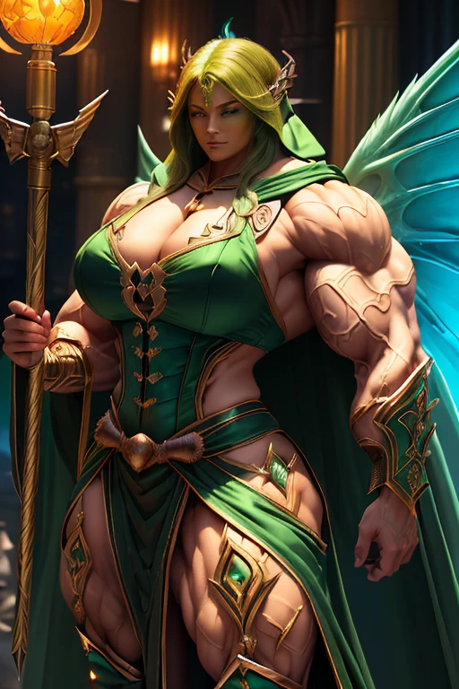 (((Massive, beautiful, buff, light brown skinned, muscular woman with green hair, black lipstick, glowing orange eyes, huge angel wings, ginormous bulky muscles and wearing a beautiful long black futuristic armored cheongsam dress))), (close view), massive muscles, massive biceps, huge angel wings, hyper muscle triceps, (long curvy hair), orange eyes, (beautiful long cheongsam dress), gauntlets, high heels boots, in a sea of green flames, surrounded by green fire, night, smirk, hyper muscles arms, hyper muscle legs, massive arms.