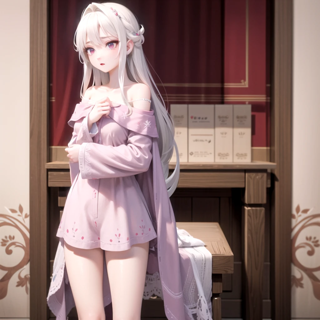 ((best quality)), ((masterpiece)), (detailed), 1girl, white hair. Long hair. Pink eyes. Off shoulder sweeter. Bottomless.