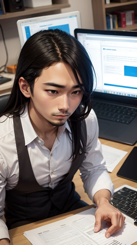 2D illustration、A 27-year-old man wearing a suit is creating documents on a computer at work、A slightly worried look