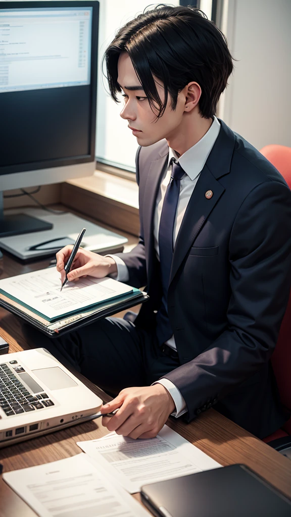 2D illustration、A 27-year-old man wearing a suit is creating documents on a computer at work、A slightly worried look