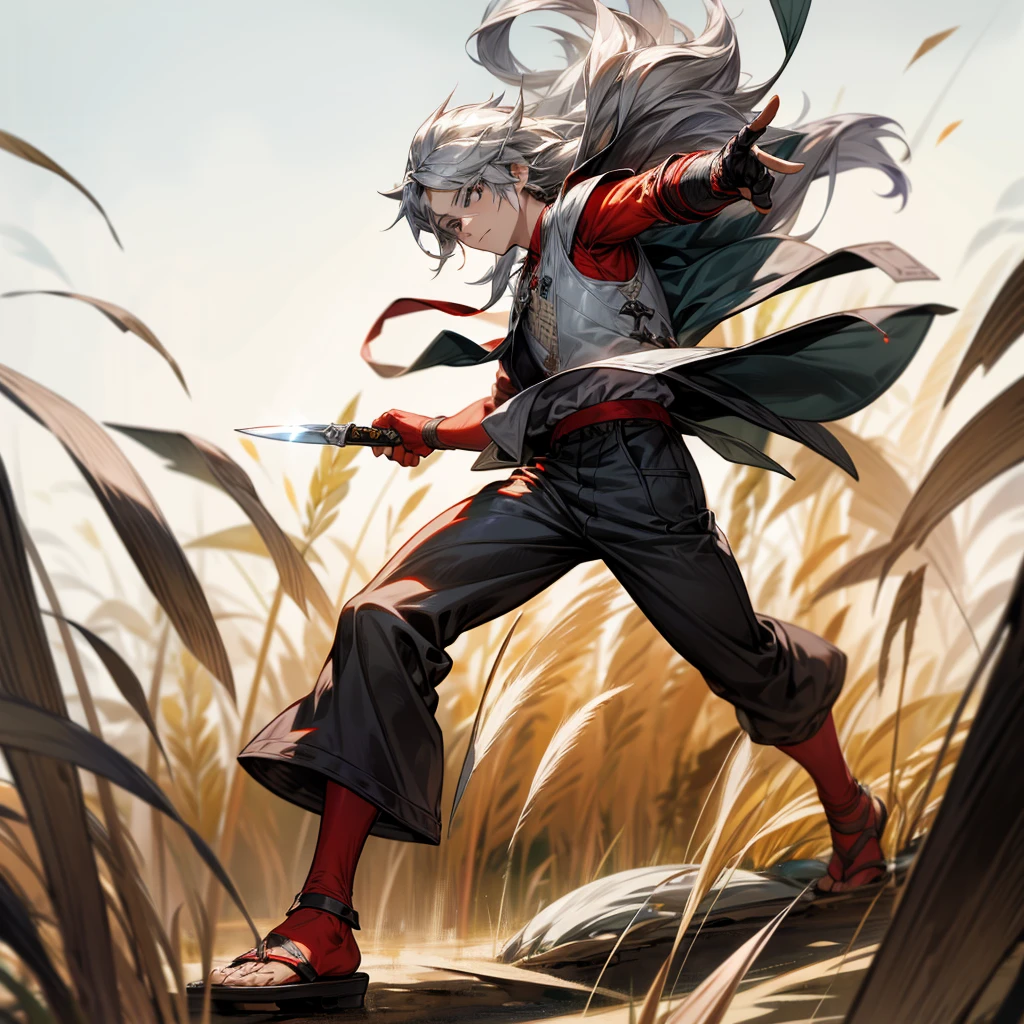 1boy, Full body version, 1character, black eyes color, milk skin, long hairstyle, monolod eyes type, silver colour hair, muscle, Farmer villager clothing style, red color clothing, black pants, white scraf, Ancient roman sandals, vest armors, knife in two hand, Grassroots background in field villager, motion blur, battle gesture
