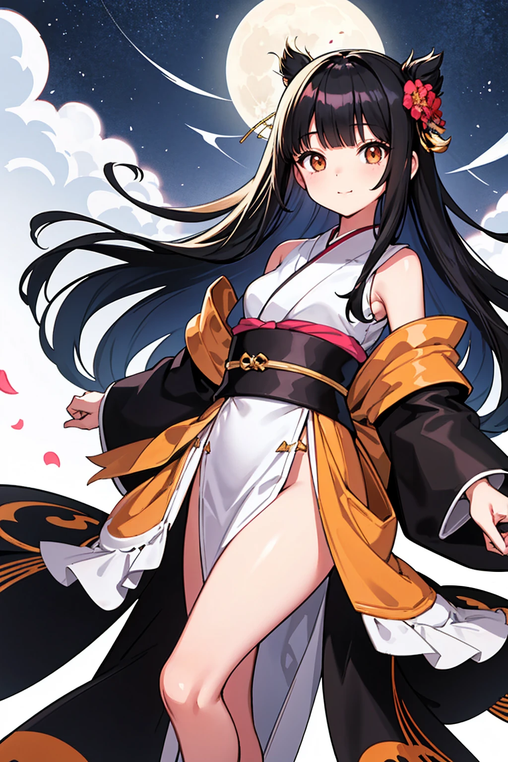 whole body,Standing posture, (Black Hair,Trimmed bangs,Hime cut,Long straight hair,) (Small breasts,Teenage Girl,), (Cute face:1.2) (kimono,Moon Hairpin) smug face,(White background) 