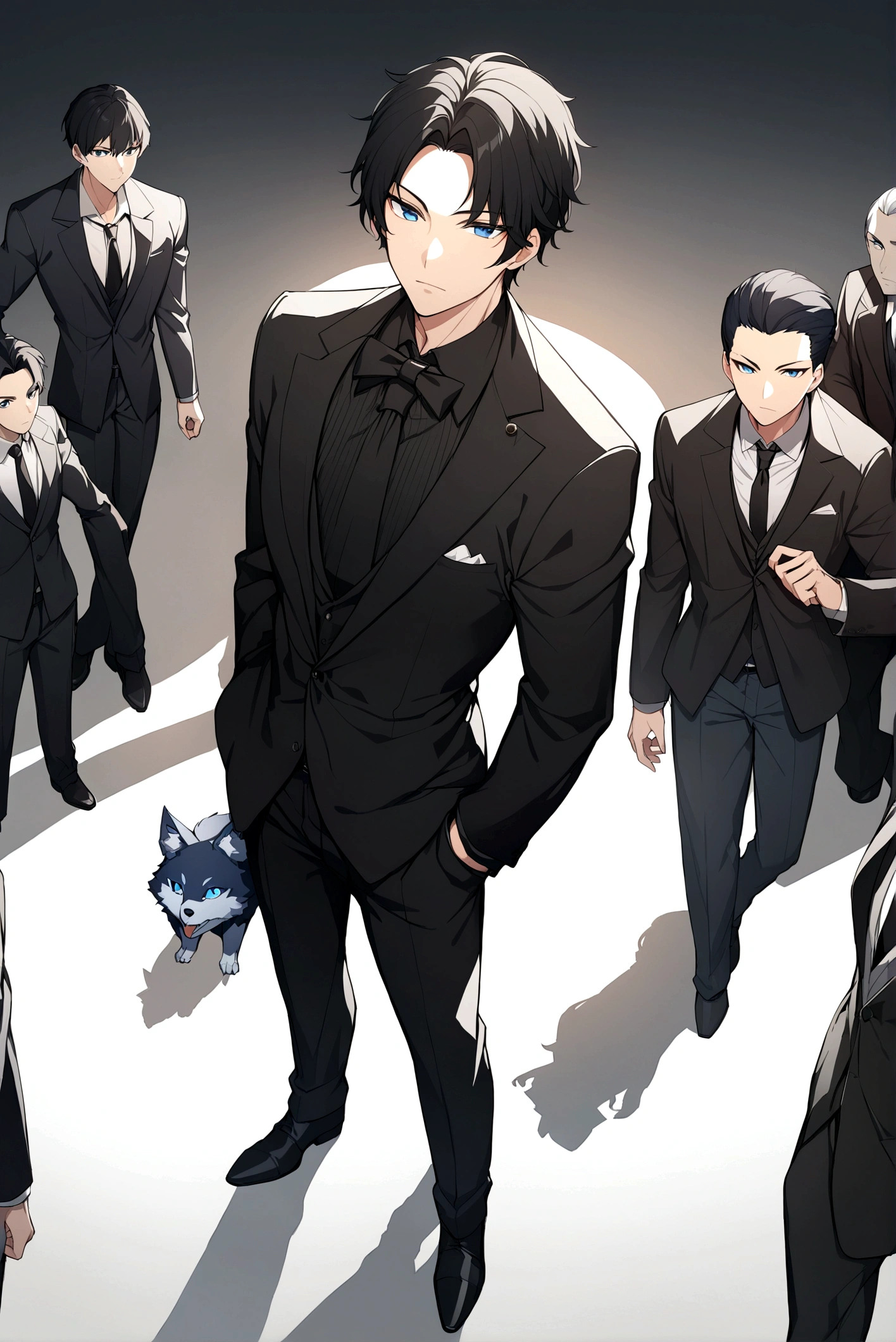 handsome, tall guy, short hair, shadow, ear wolf, closed mouth, anime, yoo jung hyuk, anime, ikemen, male, mafia, cool, blue eyes, black hair, old, yokai, formal, black suit