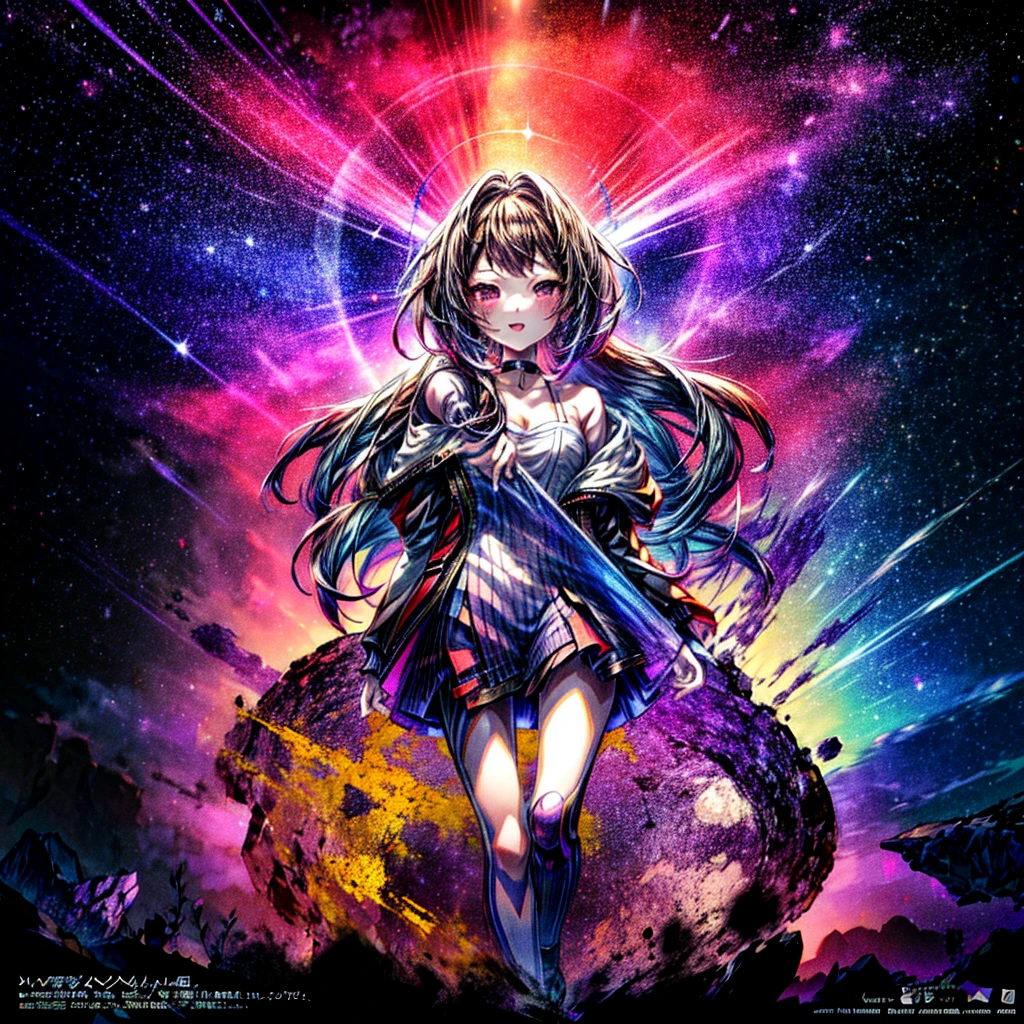 This is a high definition anime portrait (8k) featuring a girl with prominent curves and a choker, looking directly at the camera. Her hair is a vibrant mix of black and purple., with fractal patterns and a stellar glow that suggests a space and starry background. The image has a detailed art style, with influences from artists such as Ilya Kuvshinov and Krenz Cushart, and is characterized by its colorful and cheerful expression, She looks like Miss Sasha Gray.