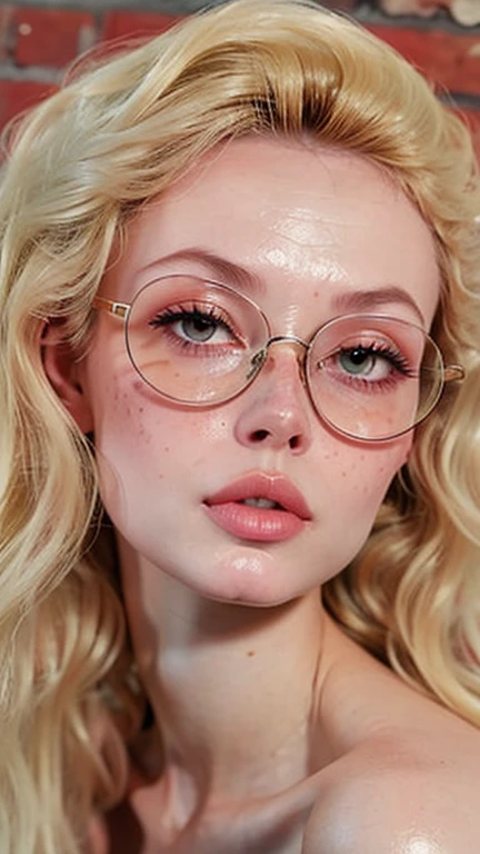 dynamic close-up of the upper part of 1 Russian woman, legitimate albino, extremely slim and beautiful, perfect body, (well-shaped and delicate face with (freckles)), skin with highly detailed depth, she is leaning against a brick wall, (hair over the eyes, long, slightly messy and shiny, wavy blonde hair), (detailed, large and bright eyes, light green eyes, curved eyelashes, large glasses), (sensual pout with mouth), wearing a short sweater showing the shoulders , (she is sweaty (shining with sweat)), ultra realistic image, perfect symmetry, vibrant and sharp, dynamic vision, high quality, hyper-realistic and cinematic 64k.