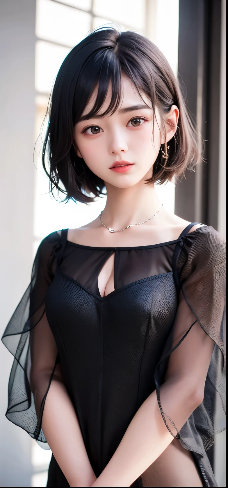 (1 nogizaka girl,15years old face,raw photo,photo realistic:1.5),(best quality, high quality,HDR, highest quality,ultra high resolution,high resolution,high res,ultra high difinition,huge file size,8K,2K wallpaper,8K wallpaper,high quality texture,amazing,an extremely delicate:1.4),one girl, Japanese famous idol,cute face,small face,absurd,ridiculous,incredibly ridiculous,blurry background,(goddess costume,short hair,cleavage,no makeup:1.2),medium skin,beautiful skin,detailed skin,black hair,silky hair,black eyes,Japanese nose,5-fingers,(Light Particles, Lens Flare, Luminous Particles: 0.7),looking at viewer,bright lighting,professional lighting,girl