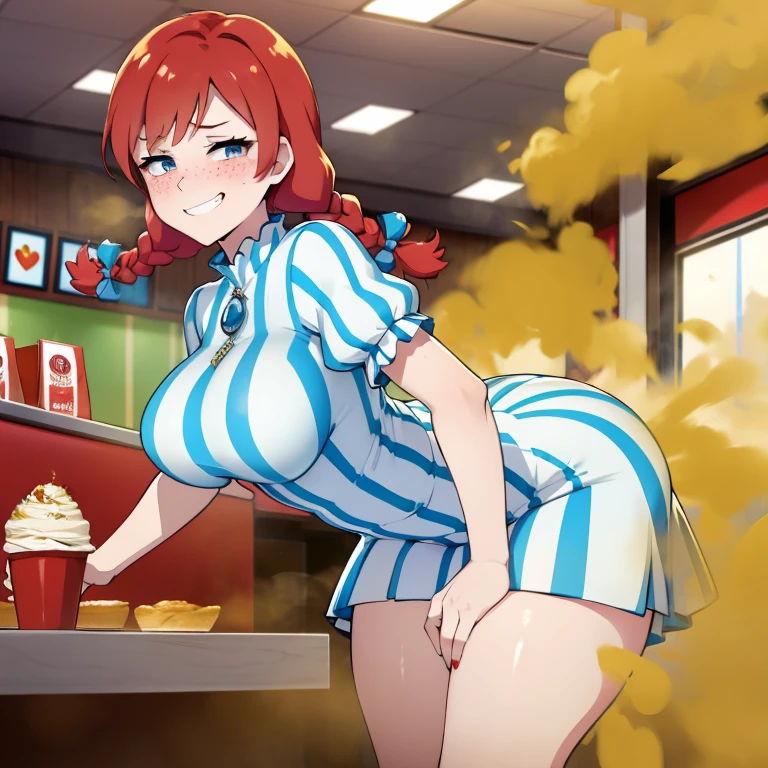 HD, solo, 1female, wendy's, pale skin , striped dress, striped sleeves, red hair, twin braids, sexy body, tall and skinny, farting, massive fart, yellow smoke rising, relieved face, bend over, smiling, clenching teeth, blush, alone in a food court, heart signs