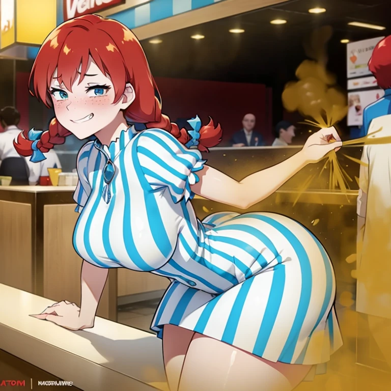 HD, solo, 1female, wendy's, pale skin , striped dress, striped sleeves, red hair, twin braids, sexy body, tall and skinny, farting, massive fart, yellow smoke rising, relieved face, bend over, smiling, clenching teeth, blush, alone in a food court, heart signs