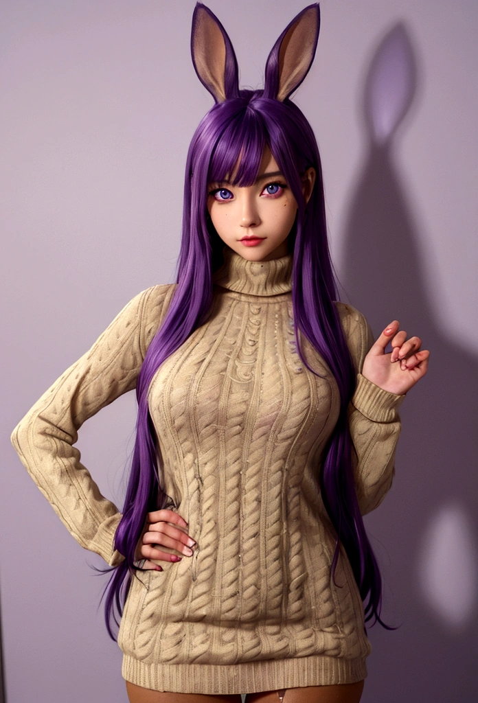 bunny girl, (tan skin:1.2). long purple hair, blue eyes, big breasts, purple turtleneck sweater, eating a cookie,