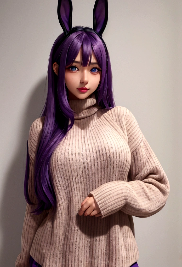 bunny girl, (tan skin:1.2). long purple hair, blue eyes, purple turtleneck sweater,