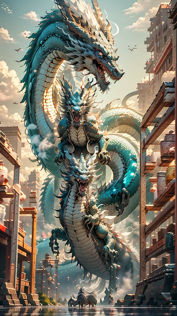 The Chinese White Divine Dragon soared into the air，（Girl manipulates dragons：1.3），（The girl has her back to the camera：1.3），Sky clouds surround the surroundings，Light magic，Fantastic background，Meaning background，Ridiculous background，There are artistic overlayulticolored hair, surrealism, Cinematic lighting, Ray tracing, god light, speed-line, angle of view, hyper HD, Masterpiece, Best quality, Super detail, A high resolution, High quality，（Far view：1.3）