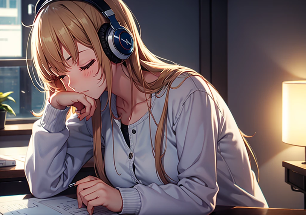 A beautiful girl wearing headphones falls asleep while sitting at her desk night room faint light Cup Note pen