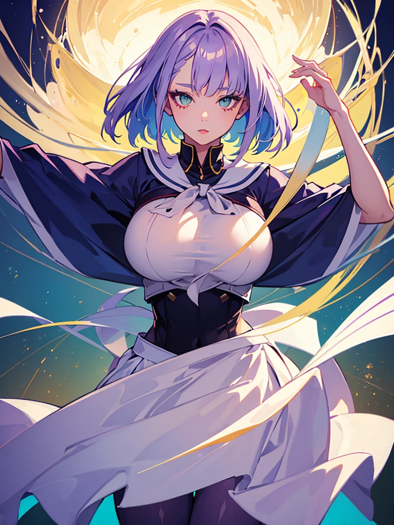 1girl,realistic,short hair,green eyes,empty eyes,purple hair,gigantic breast, uniform,sailor suit,skirt,extremely detailed eyes and face,longeyelashes,beautiful detailed lips,masterpiece,upper body,blue background,lucy