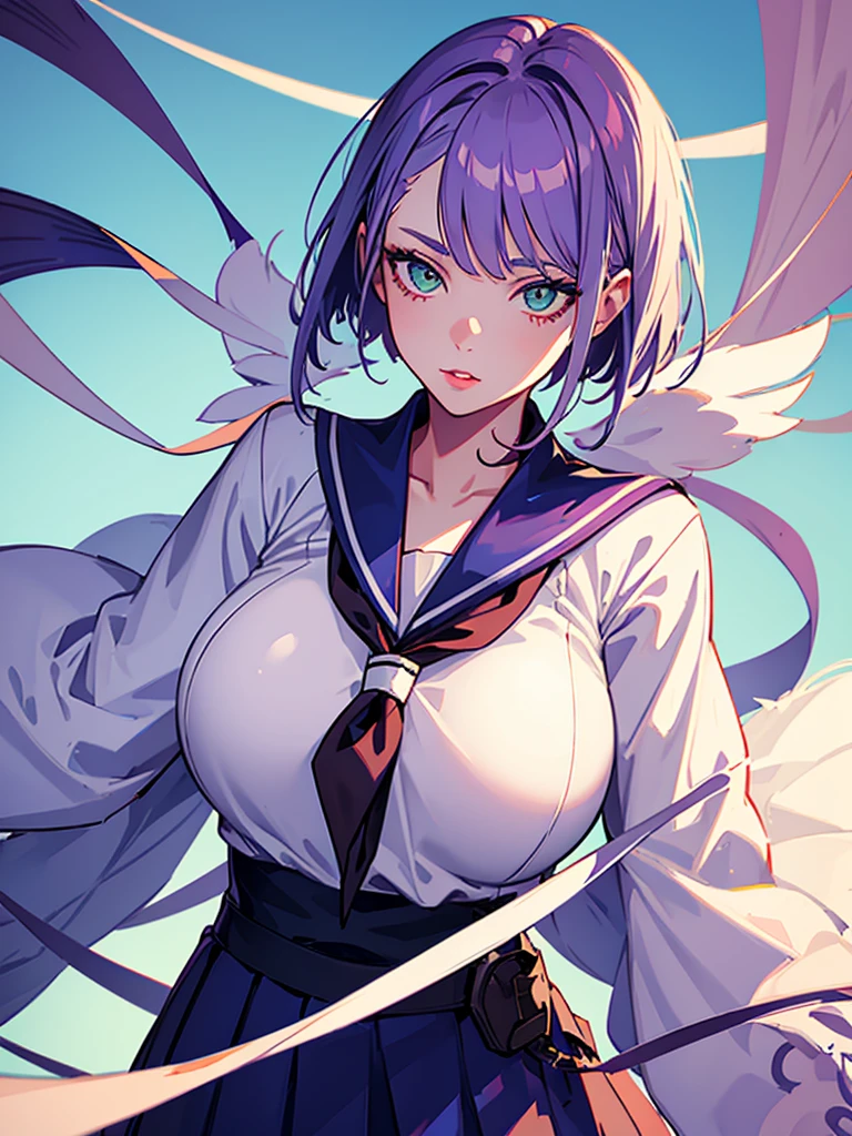 1girl,realistic,short hair,green eyes,empty eyes,purple hair,gigantic breast, uniform,sailor suit,skirt,extremely detailed eyes and face,longeyelashes,beautiful detailed lips,masterpiece,upper body,blue background,lucy