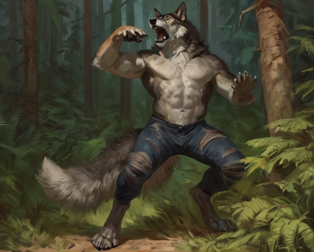 male wolf, comic book style, illustration, solo, abs, pecs, concentrated expression, masculine body, masterpiece, best art, full body, digitigrade, by oouna, by taran fiddler, torn pants, torn shirt, detailed hands, tall, detailed eyes, large tail, detailed torso, forest, pain expression, transformation, yelling, looking at own body