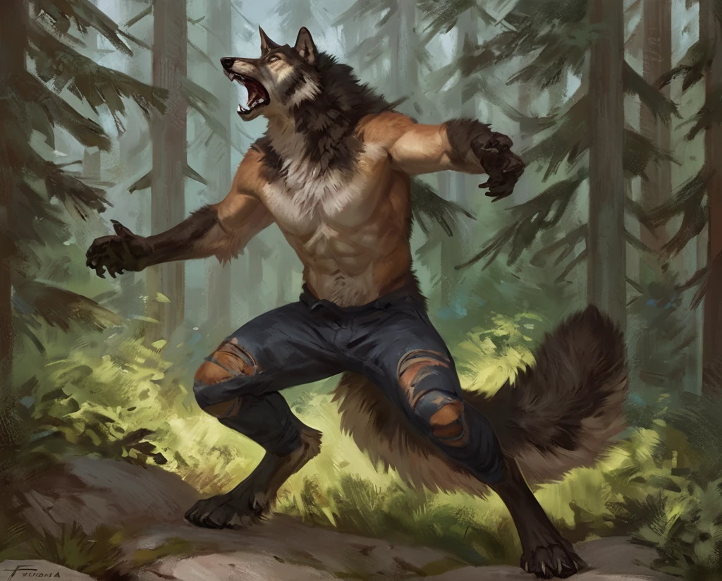 male wolf, comic book style, illustration, solo, abs, pecs, concentrated expression, masculine body, masterpiece, best art, full body, digitigrade, by oouna, by taran fiddler, torn pants, torn shirt, detailed hands, tall, detailed eyes, large tail, detailed torso, forest, pain expression, transformation, yelling, looking at own body