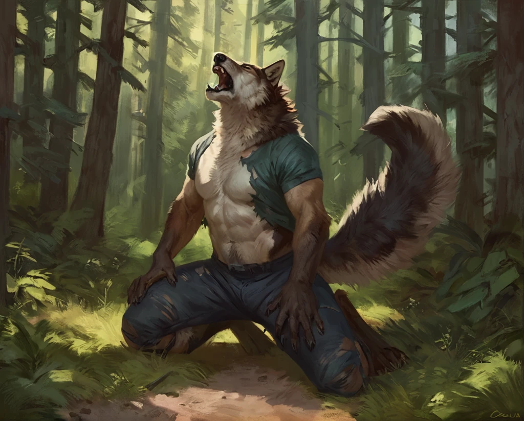 male wolf, comic book style, illustration, solo, abs, pecs, concentrated expression, masculine body, masterpiece, best art, full body, digitigrade, by oouna, by taran fiddler, torn pants, torn shirt, detailed hands, tall, detailed eyes, large tail, detailed torso, forest, pain expression, transformation, yelling, looking at own body