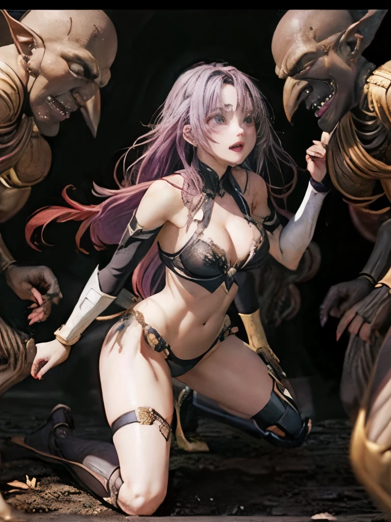 Highest quality、Battle of Despair 1:8、Beautiful woman with very long purple hair、White Armor（Exposing the breasts、Off the shoulder、No sleeve、No elbow pads、belly button、High Leg、Exposed thighs）、White Armorのブーツ、Tears overflow、Frightened expression、scream、run away、Attacked by mutants 1:5、Many violent mutants 1:5、Mutant Holding Arm Mutant attacks from behind、Mutant grabs leg、Mutant Swarm 1:5、darkness、another world、Dark fantasy、hell