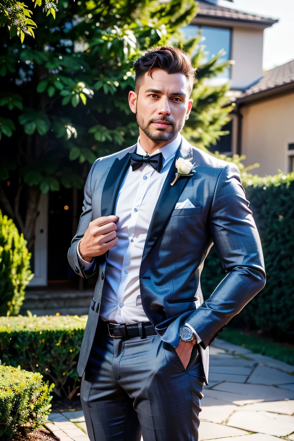 full body shot, groom in groom clothes waiting, happy, realistically, natural lights, gray stubble, full session, realistic eyes, (extremely detailed 8k CG unity wallpaper), trending on ArtStation, trending on CGSociety, high detail, sharp focus, dramatic, photorealistic, 8k hd ultra super face, garden background, morning day, ((hands realistic, hands detail,))