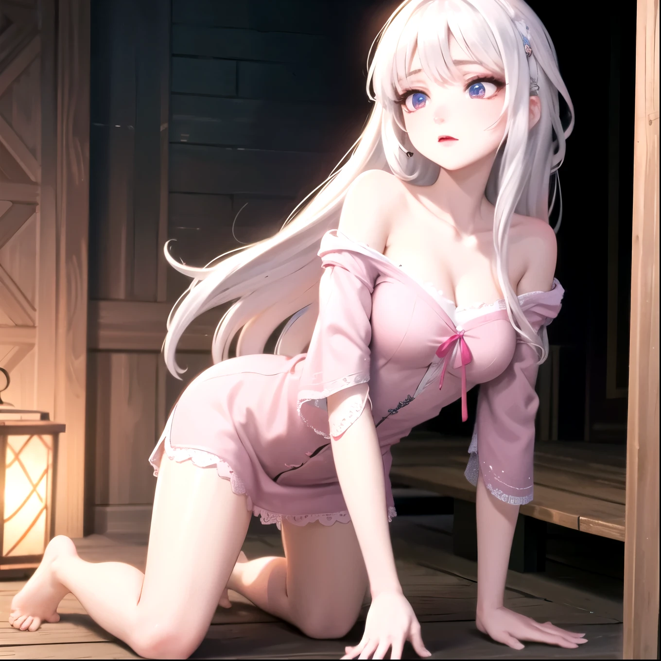 ((best quality)), ((masterpiece)), (detailed), 1girl, white hair. Long hair. Pink eyes. Off shoulder sweeter. Bottomless.