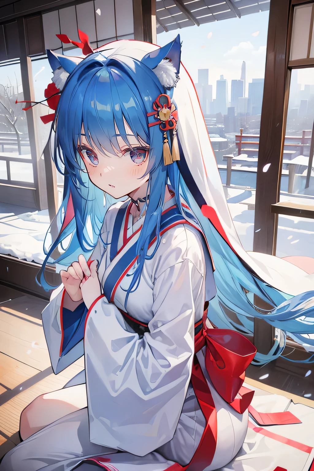 (masterpiece:1.2),Super detailed,lifelike,Expressive eyes,fair skin,perfect face shape,1 girl,
Japanese comics,Gorgeous blue hair,flowing blue hair,flowing clothes,Cat ears,Petals fall,beautiful lola,Baby Angel,
Shaking head with one hand,Cross your legs,Gentle and peaceful background,The pavilion is cool and comfortable,smile, background of tokyo,back views,snowing, winter,Nun's Clothes,Church Background。