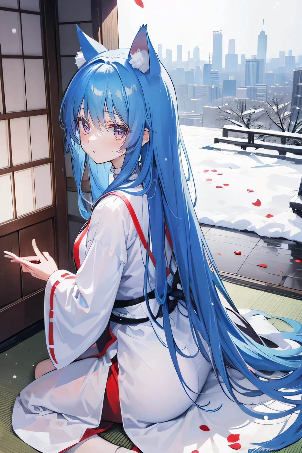 （masterpiece：1.2），Super detailed，lifelike，Expressive eyes，fair skin，perfect face shape，1 girl，
Japanese comics,Gorgeous blue hair,flowing blue hair,flowing clothes,Cat ears,Petals fall,beautiful lola,Baby Angel,
Shaking head with one hand，Cross your legs，Gentle and peaceful background，The pavilion is cool and comfortable,smile, background of tokyo,back views,snowing, winter，Nun&#39;s Clothes，Church Background。