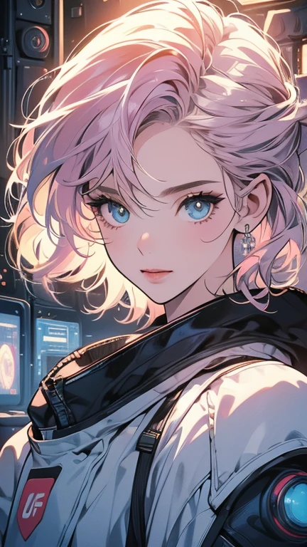 One beautiful woman, inside a spaceship, perfect machine, spacesuit, looking at camera, perfect face, zero gravity, outer space, lots of wires, switchboard, perfect and detailed machine, robot, detailed hair, (((Various angles))), cockpit, most beautiful woman alive, head shot , Super detailed background, top quality, Unique and beautiful eyes, Various unique hairstyles, Ghost in the Shell, Long shot, Panorama, (((Various eye color))), Various hair color, sparkling eyes,Outer space in the background, Unique and perfect face, Pale Lighting, shoot from above, (((ground level shot))), pink