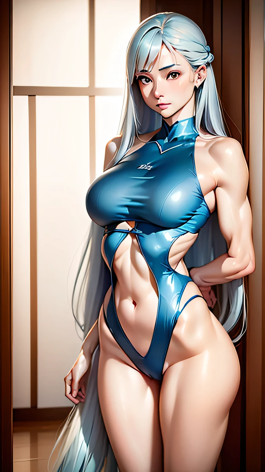 highest quality、Realistic、girl、Silver Hair、Light blue eyes、Long Hair、Light blue swimsuit、Tanned black body、A well-trained body、muscle、Abdominal muscles、athlete、Tan Skin、Brown black skin、slender、Sweat、Arms crossed、Ocean、Bust Shot
