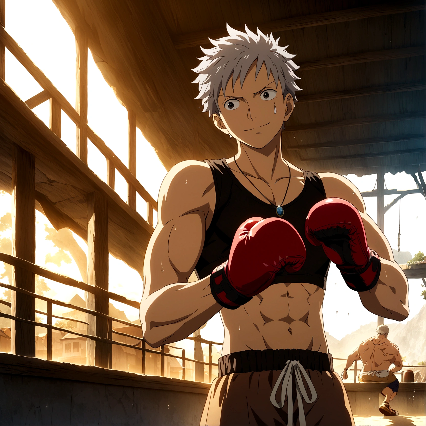 Young man, youthful appearance, muscular and compact body, short gray hair, brown blouse, boxing shorts, stitched leather boxing gloves, innocent smile, necklace with teardrop symbol, "One Piece-inspired anime features, drenched in dramatic and incredible lighting, dramatic lighting, infused with creative details, ultra-fine 2D design, scenery bathed in creativity, bathed in creativity, boasting HD anime resolution clarity, HD anime graphics, high-octane rendering"