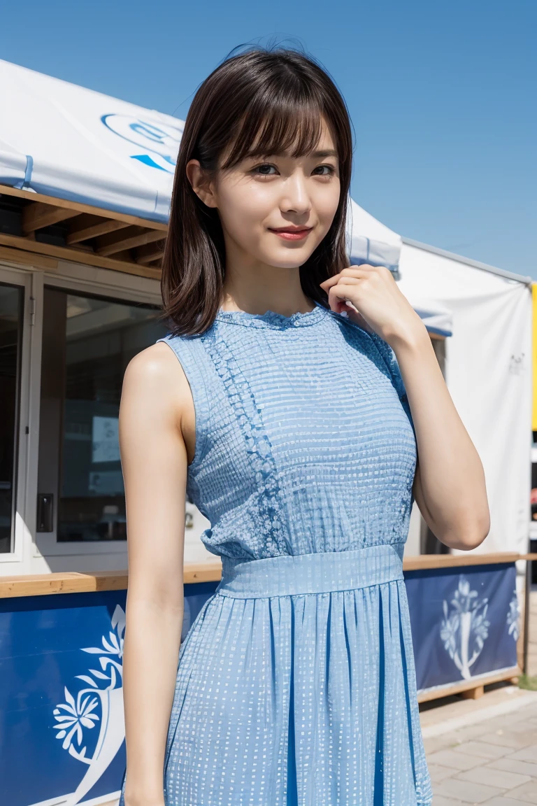 Medium Size Display, Medium Shot, Written boundary depth, Photograph the whole body, Movie angle,Action pose、masterpiece, Highest quality, Very detailed, CG, 8k wallpaper, Beautiful Face, Delicate eyes, Otome, alone, smile, cute、Sky blue patterned dress
