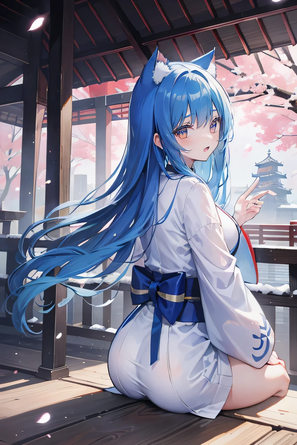 (masterpiece:1.2),Super detailed,lifelike,Expressive eyes,fair skin,perfect face shape,1 girl,
Japanese comics,Gorgeous blue hair,flowing blue hair,flowing clothes,Cat ears,Petals fall,beautiful lola,Baby Angel,
Shaking head with one hand,Cross your legs,Gentle and peaceful background,The pavilion is cool and comfortable,smile, background of tokyo,back views,snowing, winter,Nun's Clothes,Church Background。