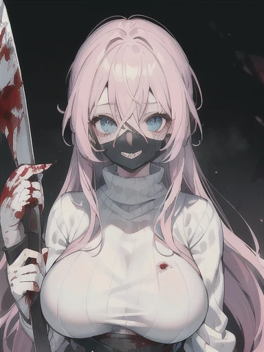 ((best qualityer)), ((work of art)), (detailded), 1 girl, ombro to ombro sweater, long light pink hair,light blue eyes, ((big boobies)), psycho smile, holding an axe,((stained with blood)), ((Face covered in blood)),roupa stained with blood
