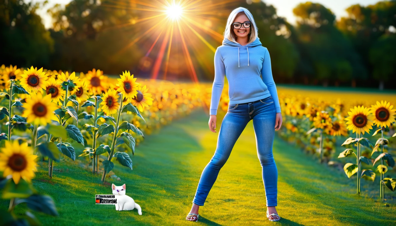 (Masterpiece: 1.4), professional photography, cute white kitten, standing on two legs
BRAKE
Light blue hoodie
BRAKE
Denim jeans
BRAKE
Black-rimmed glasses
BRAKE
Sunflower field as background
BRAKE
Full body shot, (Cinematic Light: 1.3), shot with Lumix GH5 (cinematic bokeh, dynamic range, vibrant colors), glossy