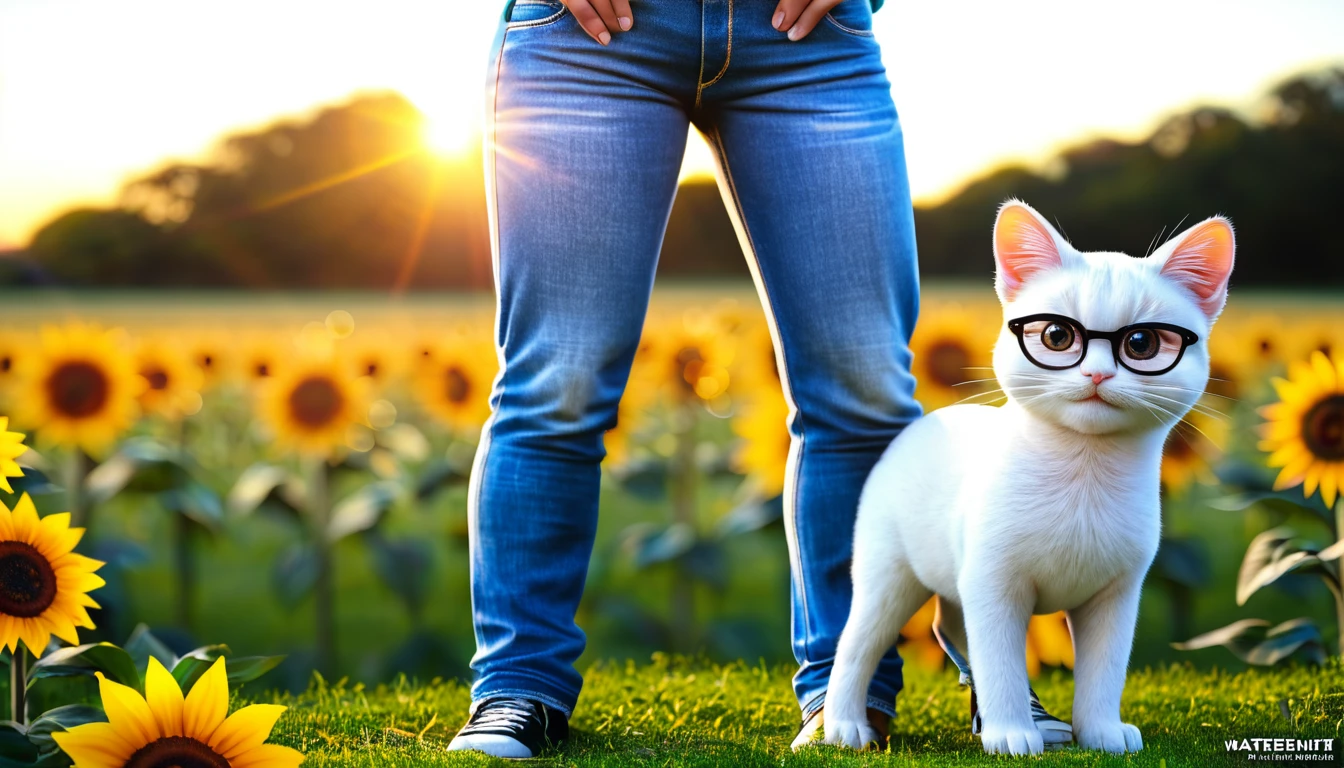 (Masterpiece: 1.4), professional photography, cute white kitten, standing on two legs
BRAKE
Light blue hoodie
BRAKE
Denim jeans
BRAKE
Black-rimmed glasses
BRAKE
Sunflower field as background
BRAKE
Full body shot, (Cinematic Light: 1.3), shot with Lumix GH5 (cinematic bokeh, dynamic range, vibrant colors), glossy