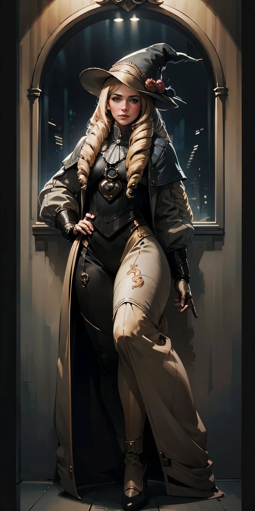 (4k, ultra high resolution, Prominence in Masterpiece, High Quality, Best Quality: 1.2) full body, 1 female, solo, 1girl, 1woman, lustful smirking smile blush, looking at viewer, sitting, blonde hair, long hair, (black jacket), beautiful and detailed face, detailed eyes, looking at the viewer (grey theme) close jacket (aesthetic clothing) hands on hips, wide hips, blonde long hair, blonde drill hair, blonde twin drills hair, blue wizard hat, Handcuffs on their hands, With a collar around the neck