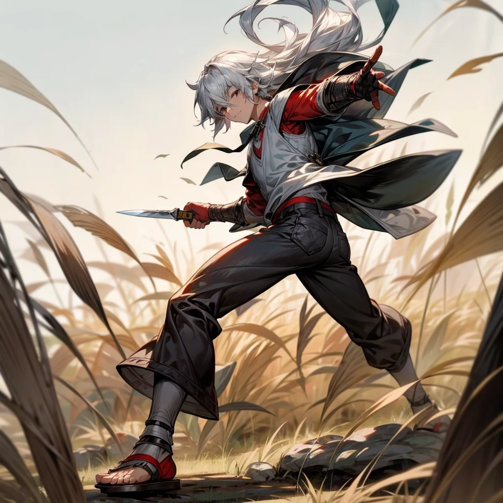 1boy, Full body version, 1character, black eyes color, milk skin, long hairstyle, monolod eyes type, silver colour hair, muscle, Farmer villager clothing style, red color clothing, black pants, white scraf, Ancient roman sandals, vest armors, knife in two hand, Grassroots background in field villager, motion blur, battle gesture