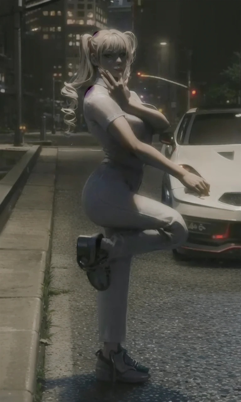 photo of Alexa Bliss abliss, naked, close up low shot, recklessly riding a dirt bike through a busy city street while evading the squadron of cop cars chasing her, hot pursuit, action shot, cinematic angles, determined face, chase scene, shot for imasx