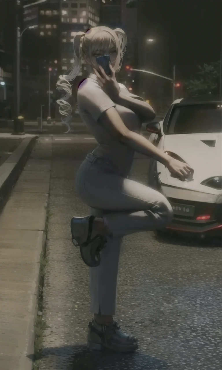 detailed shiny skin, (realistic, photo-realistic:1.4), a pretty girl, standing, looking out of window, white shirt, collared shirt, black necktie, black trousers, long sleeves, slight smile (nose blush), yellow eyes + ringed eyes, short hair + red hair + long braided hair, makima \(chainsaw man\) 