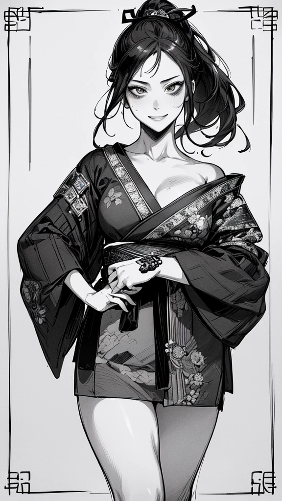Best quality, (background detail), high contrast, very beautiful woman, detailed original illustration, functional, samurai, kimono, black hair, ponytail delicate face, charm, bad girl, sexy, real breasts, crazy smile, crazy eyes, black background, (black background: 1. 5), beautiful line drawing, monochrome