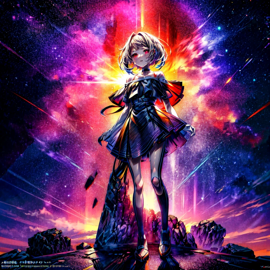 This is a high definition anime portrait (8k) featuring a tall woman with prominent curves and a choker, looking directly at the camera. Her hair is a vibrant mix of black and purple., with fractal patterns and a stellar glow that suggests a space and starry background. The image has a detailed art style, with influences from artists such as Ilya Kuvshinov and Krenz Cushart, and is characterized by its colorful and cheerful expression, He has a face similar to Sasha Gray.